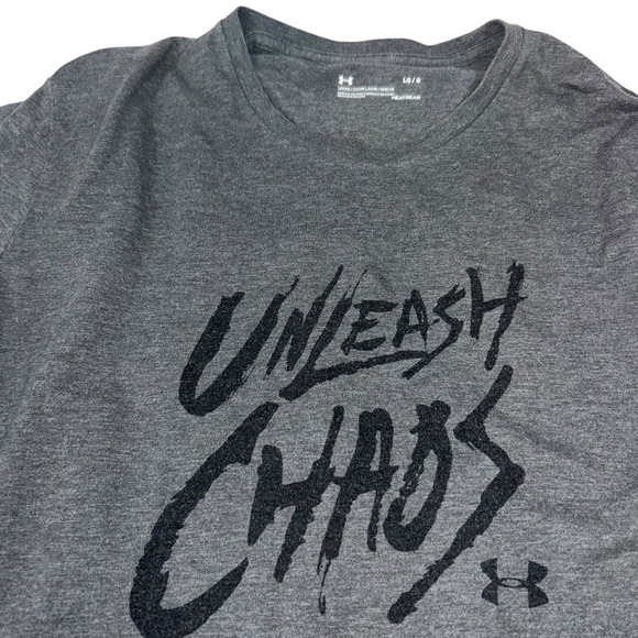 Under Armour HeatGear Gray Training T-Shirt Large L Unleash Chaos Gym Active - Picture 1 of 6